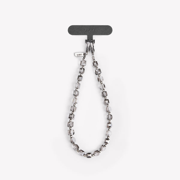 Sparkling Silver Candy Gem Phone Charm, featuring translucent beads and chic metallic accents. Perfect for everyday elegance.