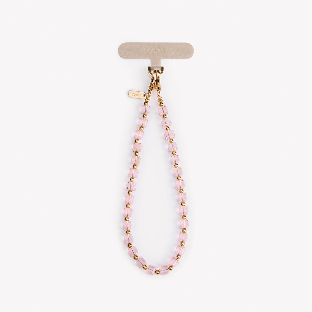 Pink Candy Gem Phone Charm, featuring translucent beads and chic metallic accents. Perfect for everyday elegance.