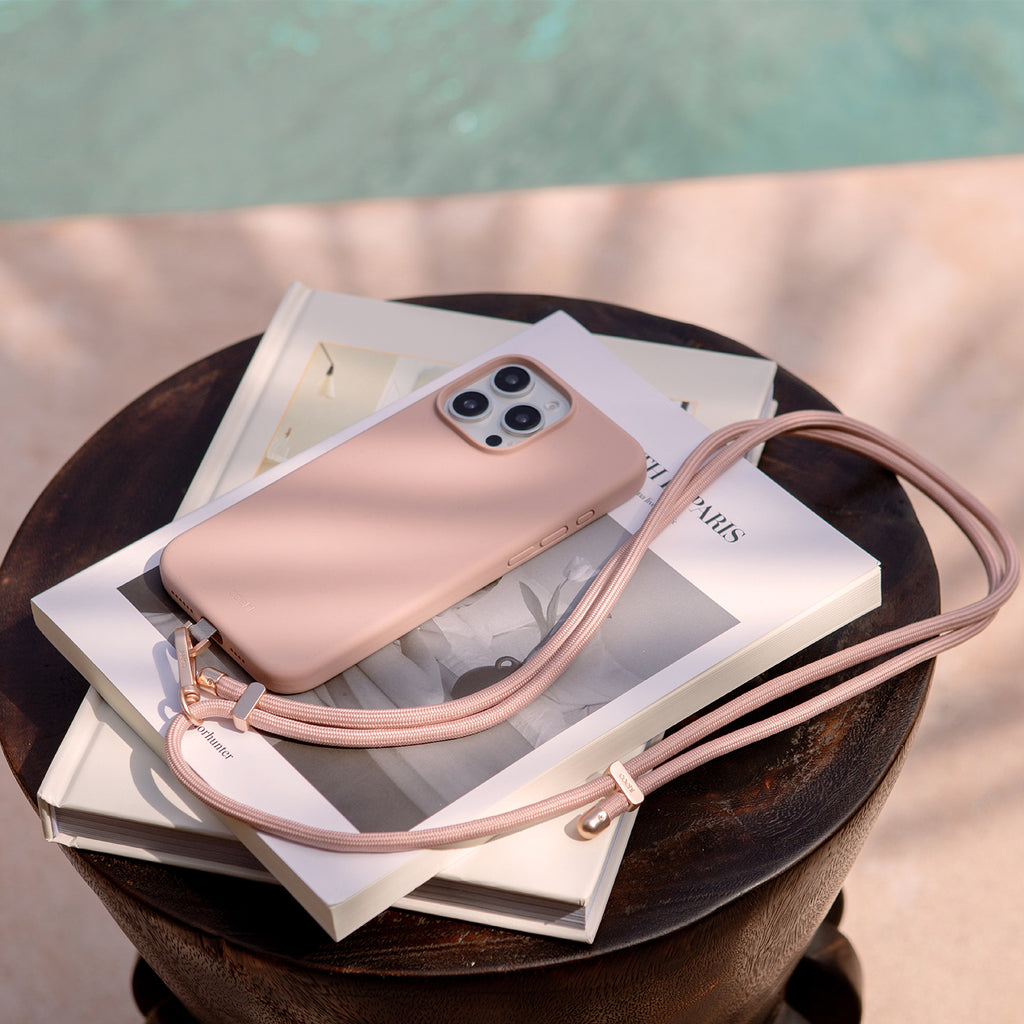 CRÈME a lifestyle image, the iPhone 16 Pro case crafted from premium liquid silicone, now available in ballet pink color