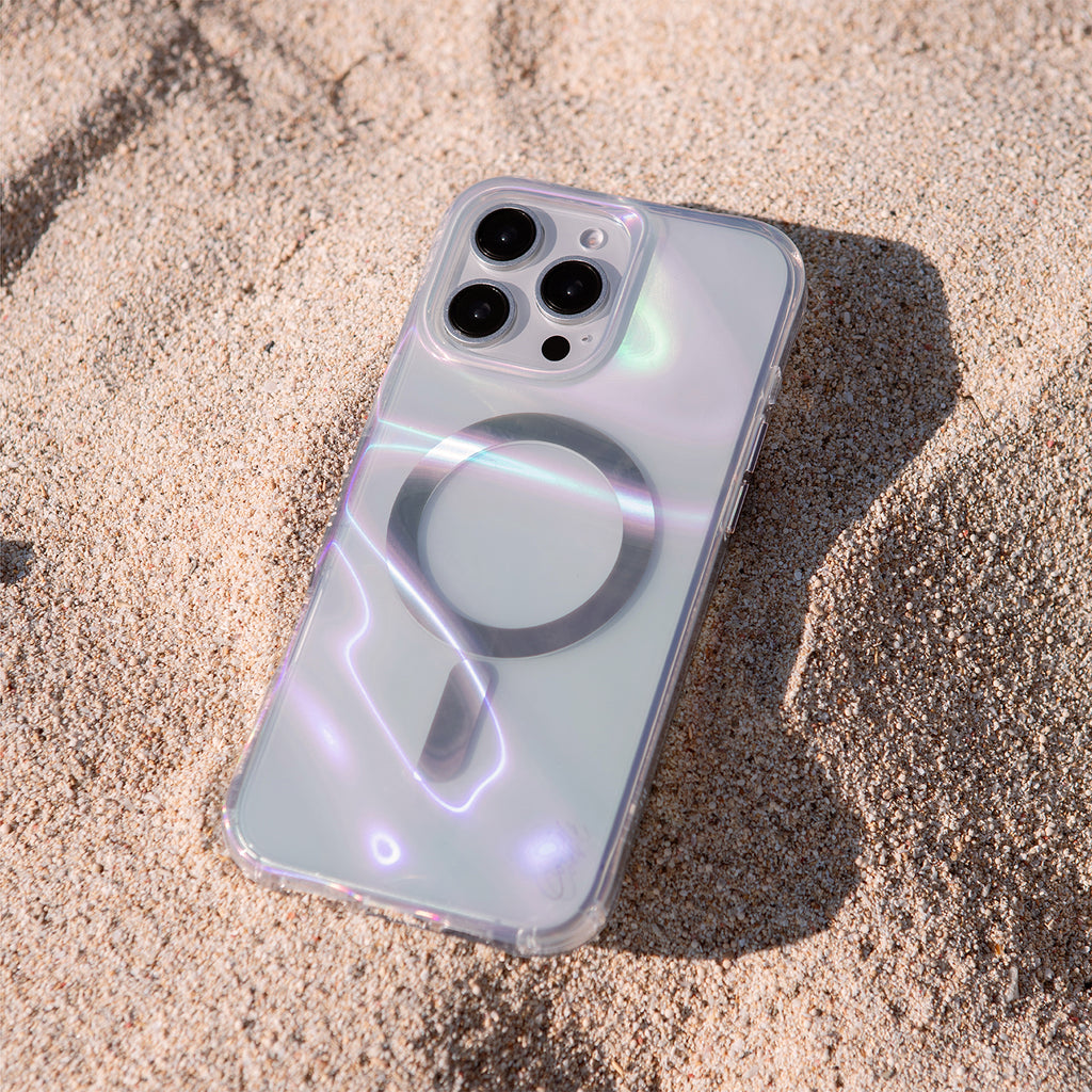 A lifestyle image of SAVON, the iPhone 16 Pro phone case available in bubble prism color detail reflection.