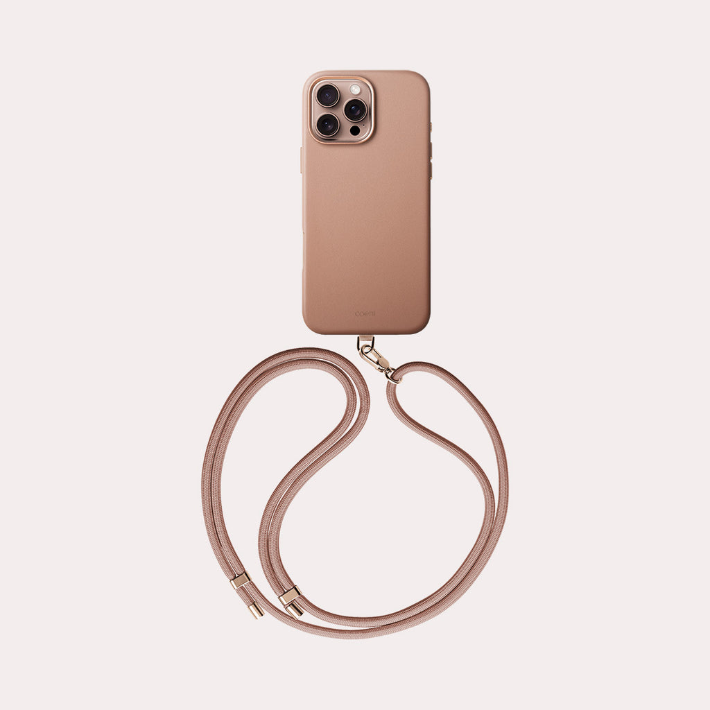 MUSE, the leatherette iPhone 16 Pro Max case comes with a phone strap and available in dusty nude color.