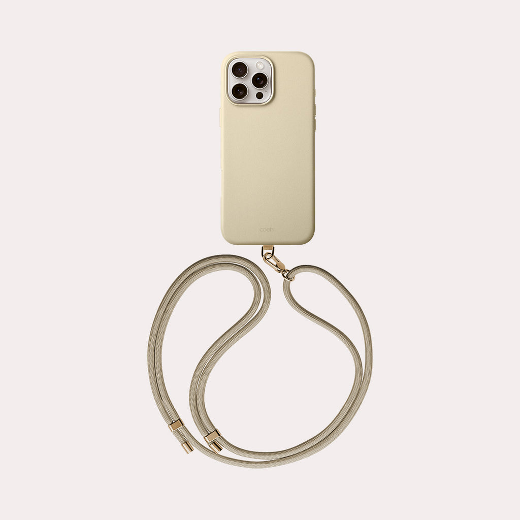 MUSE, the leatherette iPhone 16 Pro Max case comes with a phone strap and available in cream color.