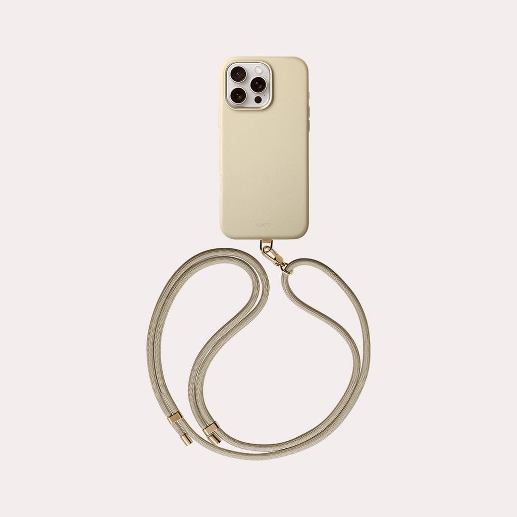 MUSE, the leatherette iPhone 16 Pro case comes with a phone strap and available in cream color.