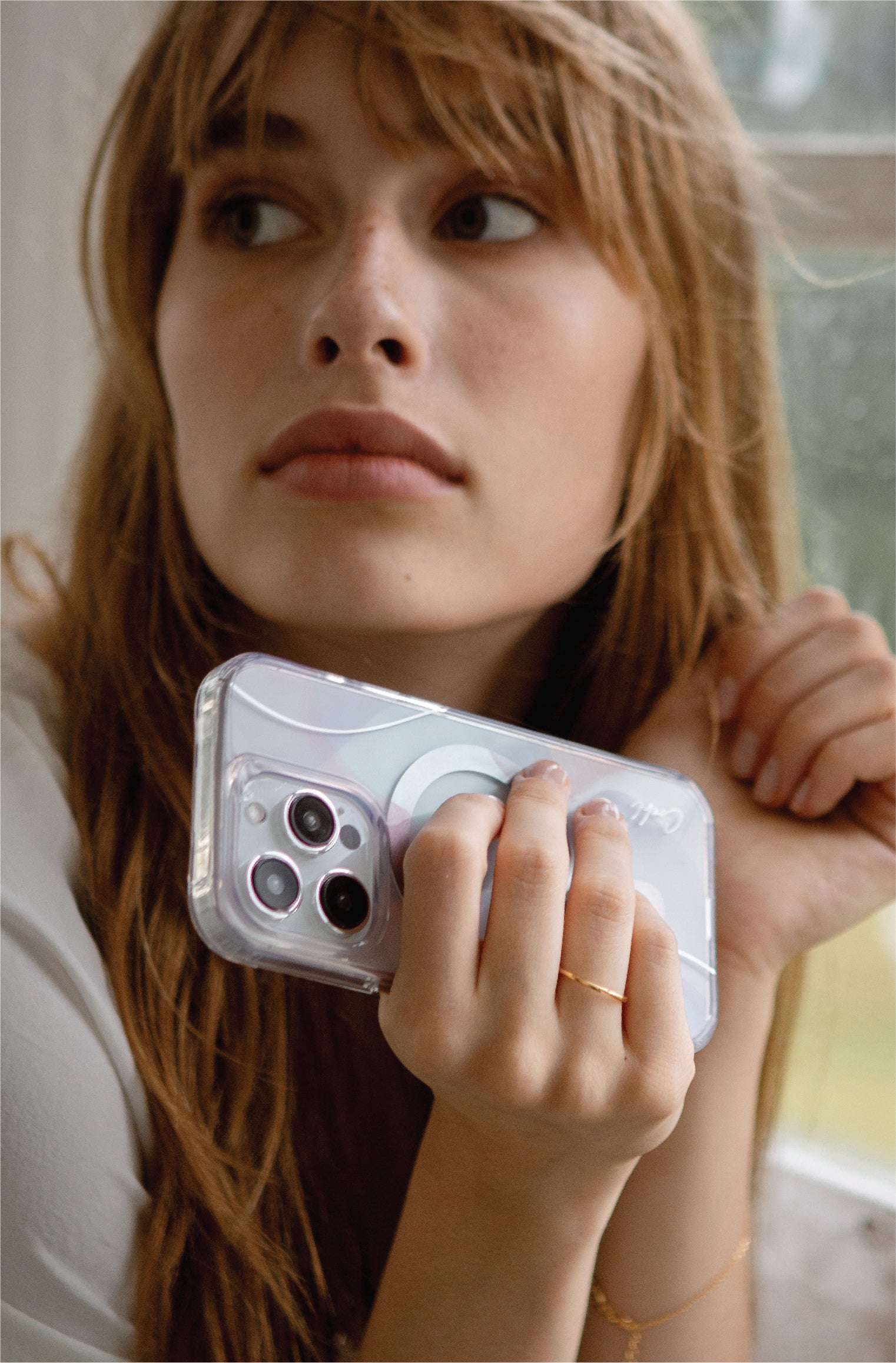 Woman with clear phone case